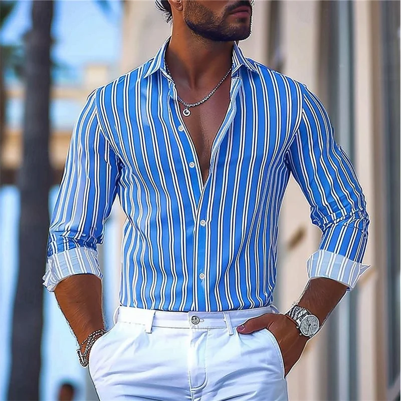 Men's formal shirt button lapel shirt black and white red long sleeve striped collar wedding work clothing large size 5XL