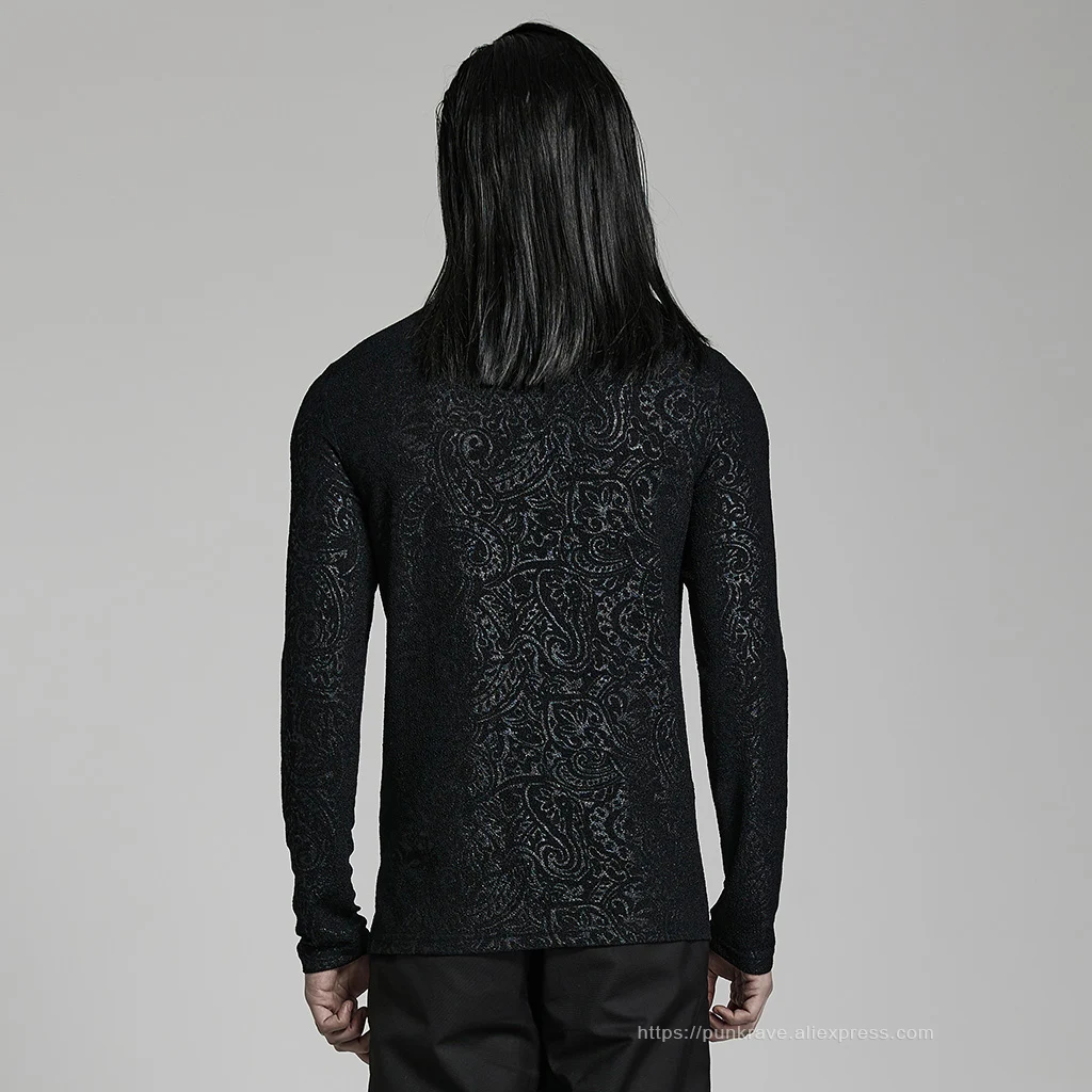 PUNK RAVE Men's Gothic Daily Turtlenecks Simple Printed T-shirt  Punk Handsome Cool Long Sleeve Tops Spring Autumn