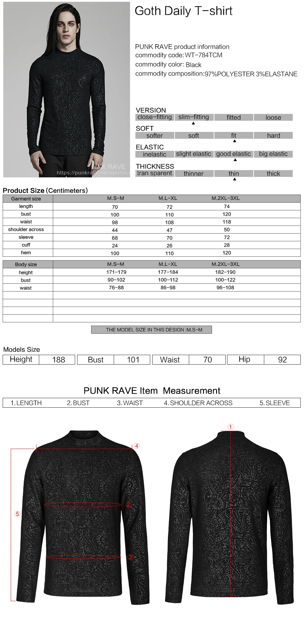 PUNK RAVE Men's Gothic Daily Turtlenecks Simple Printed T-shirt  Punk Handsome Cool Long Sleeve Tops Spring Autumn