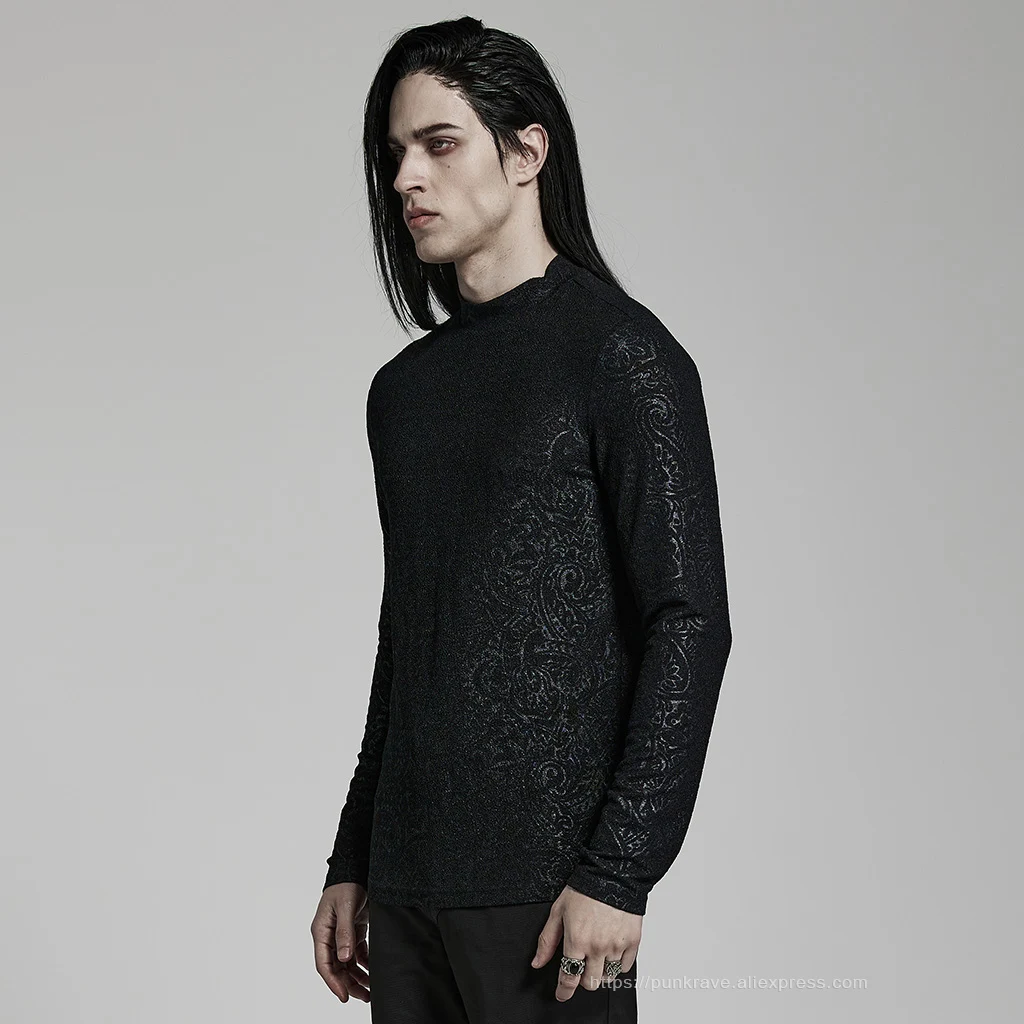 PUNK RAVE Men's Gothic Daily Turtlenecks Simple Printed T-shirt  Punk Handsome Cool Long Sleeve Tops Spring Autumn