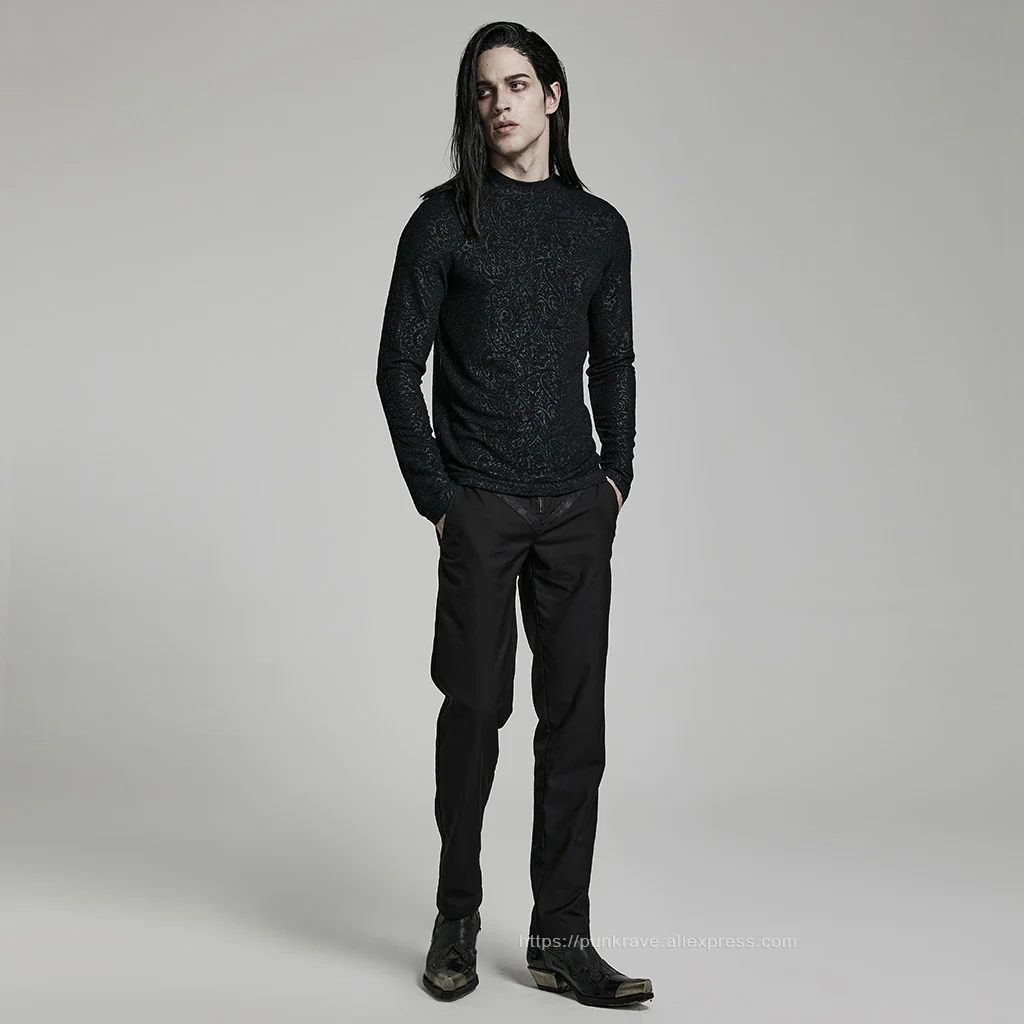 PUNK RAVE Men's Gothic Daily Turtlenecks Simple Printed T-shirt  Punk Handsome Cool Long Sleeve Tops Spring Autumn