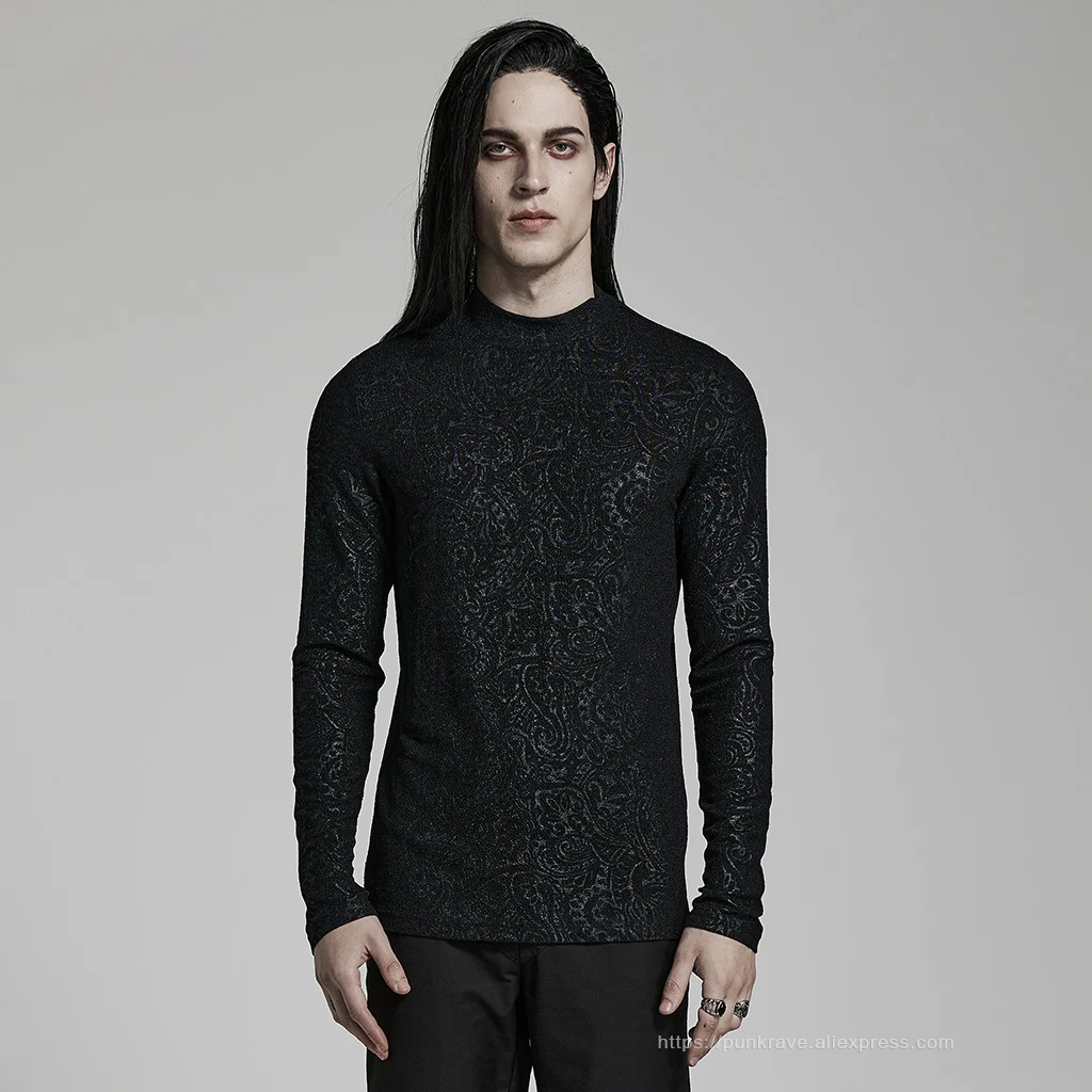 PUNK RAVE Men's Gothic Daily Turtlenecks Simple Printed T-shirt  Punk Handsome Cool Long Sleeve Tops Spring Autumn