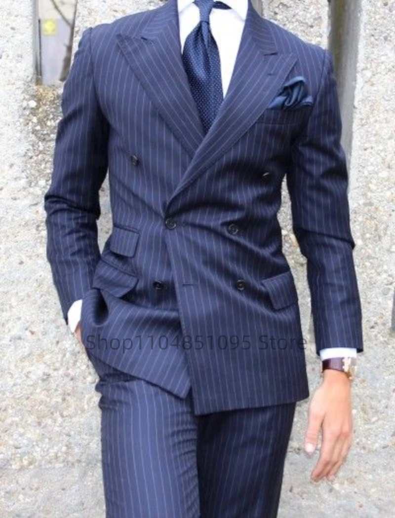 Navy Blue Striped Men Suits Slim Fit Peak Lapel Double Breasted Blazer Wedding Groom Tuxedos 2 Piece Business Set (Jacket+Pants)