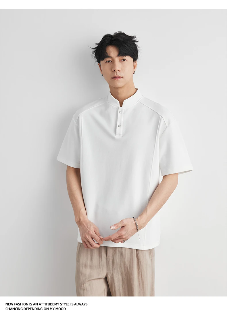 Men's Heavyweight 240g New Chinese Stand Collar Button Short Sleeve T-shirt Summer Loose Drop Shoulder Minimal Casual Top