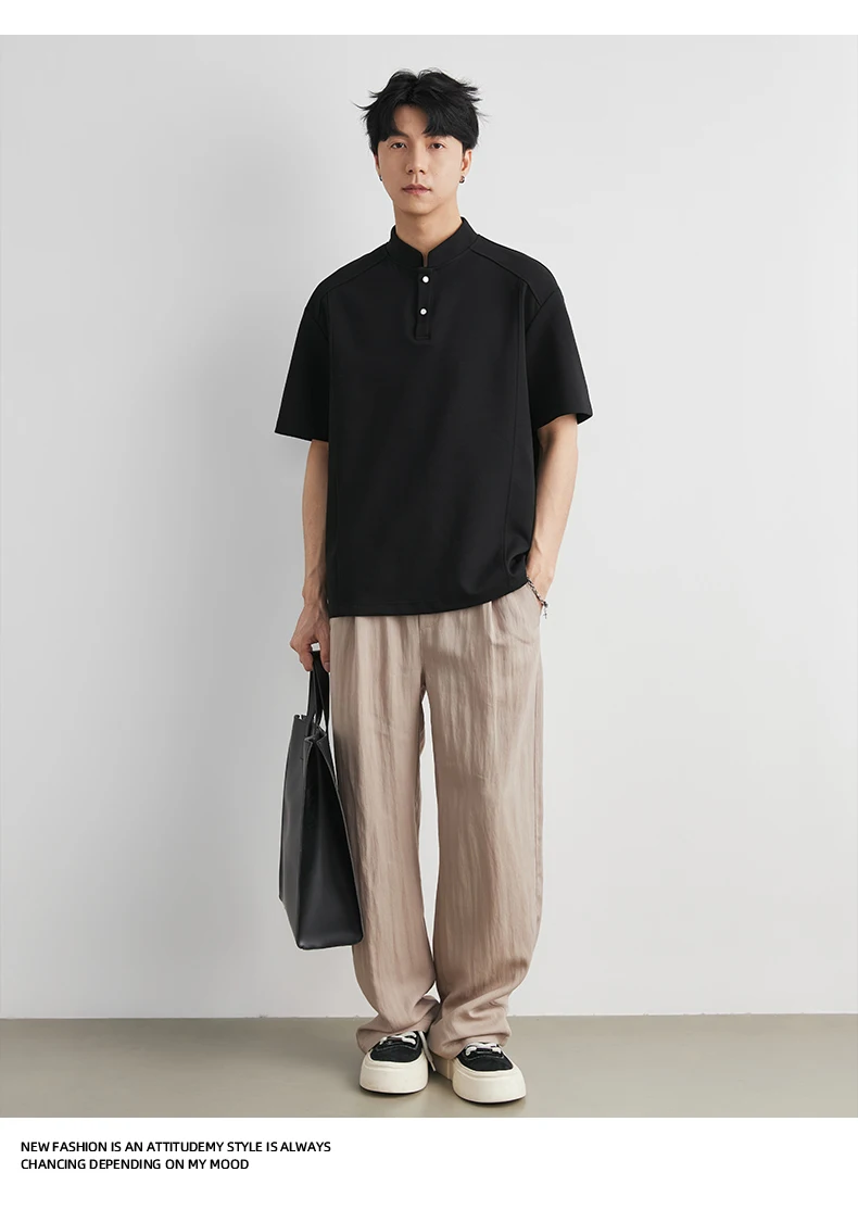 Men's Heavyweight 240g New Chinese Stand Collar Button Short Sleeve T-shirt Summer Loose Drop Shoulder Minimal Casual Top