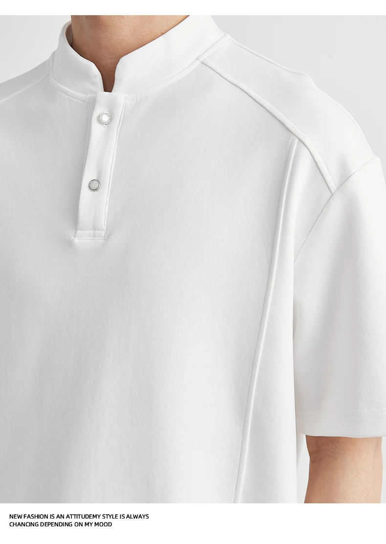 Men's Heavyweight 240g New Chinese Stand Collar Button Short Sleeve T-shirt Summer Loose Drop Shoulder Minimal Casual Top