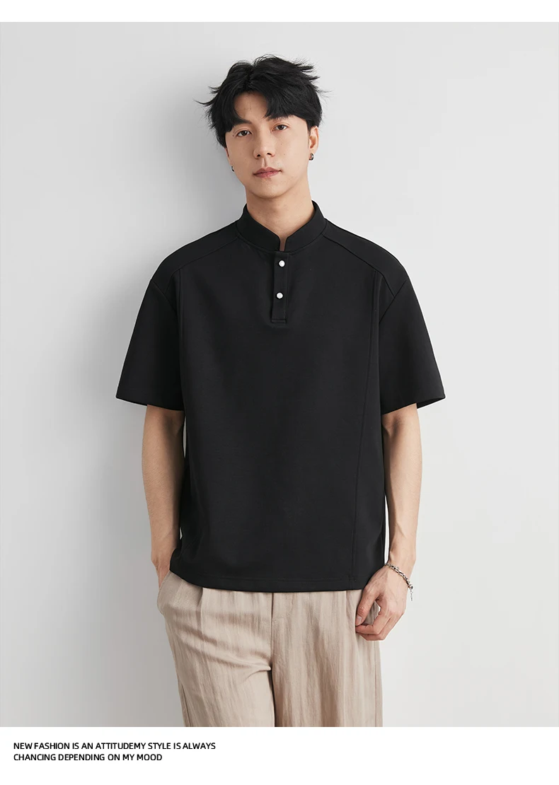 Men's Heavyweight 240g New Chinese Stand Collar Button Short Sleeve T-shirt Summer Loose Drop Shoulder Minimal Casual Top