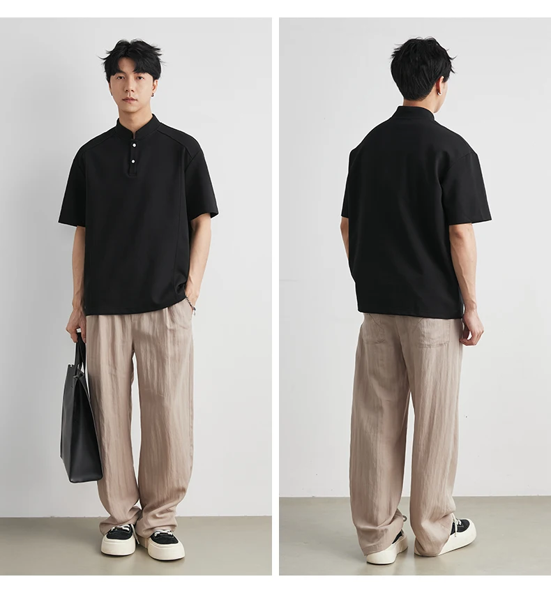 Men's Heavyweight 240g New Chinese Stand Collar Button Short Sleeve T-shirt Summer Loose Drop Shoulder Minimal Casual Top