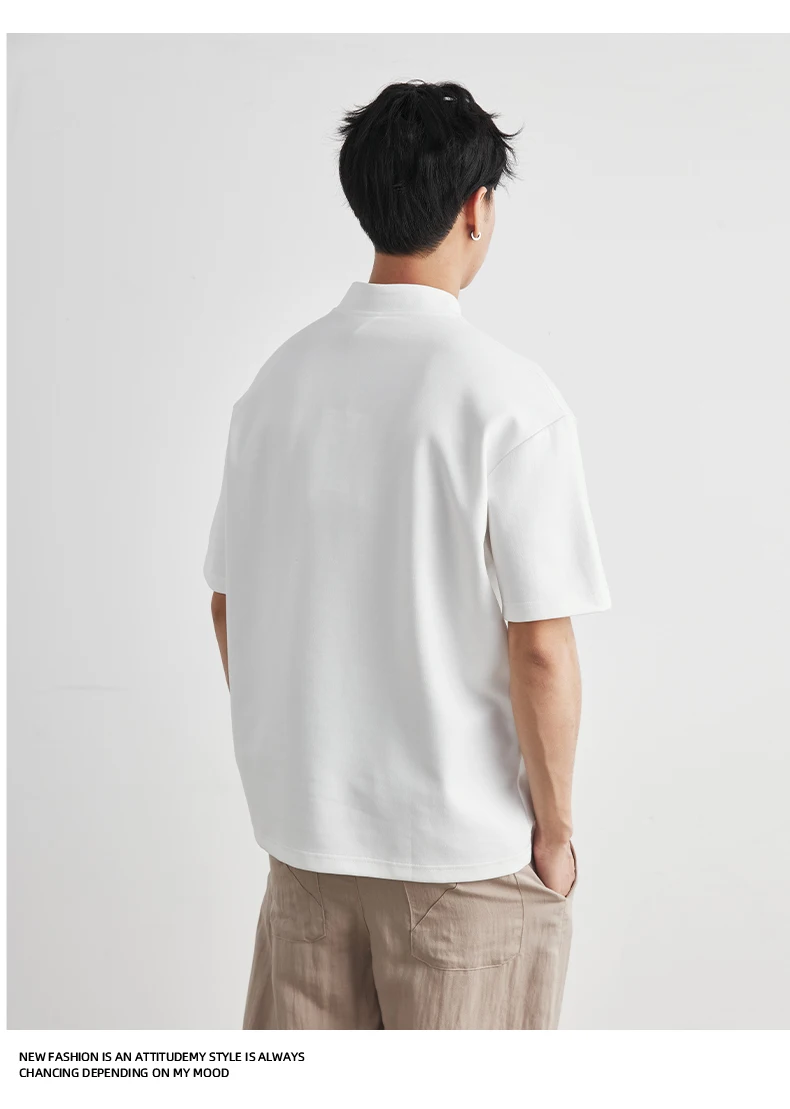 Men's Heavyweight 240g New Chinese Stand Collar Button Short Sleeve T-shirt Summer Loose Drop Shoulder Minimal Casual Top