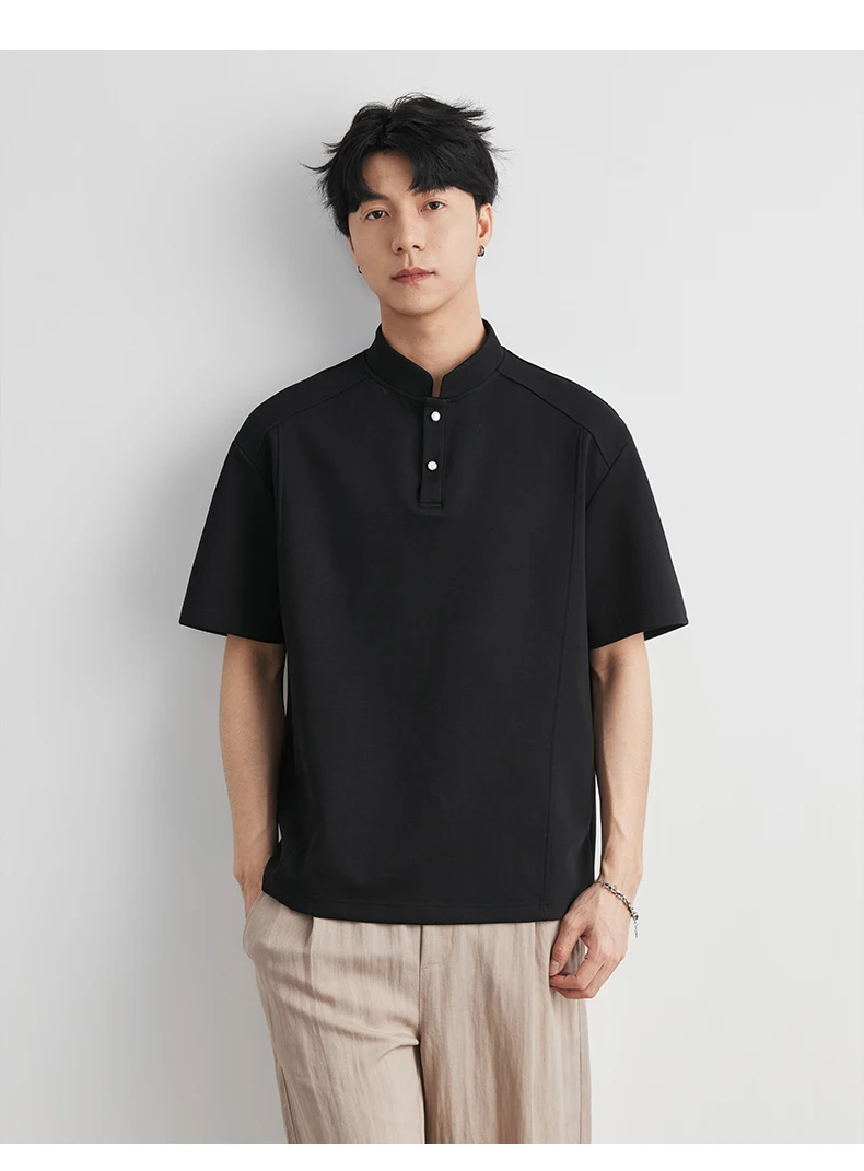 Men's Heavyweight 240g New Chinese Stand Collar Button Short Sleeve T-shirt Summer Loose Drop Shoulder Minimal Casual Top