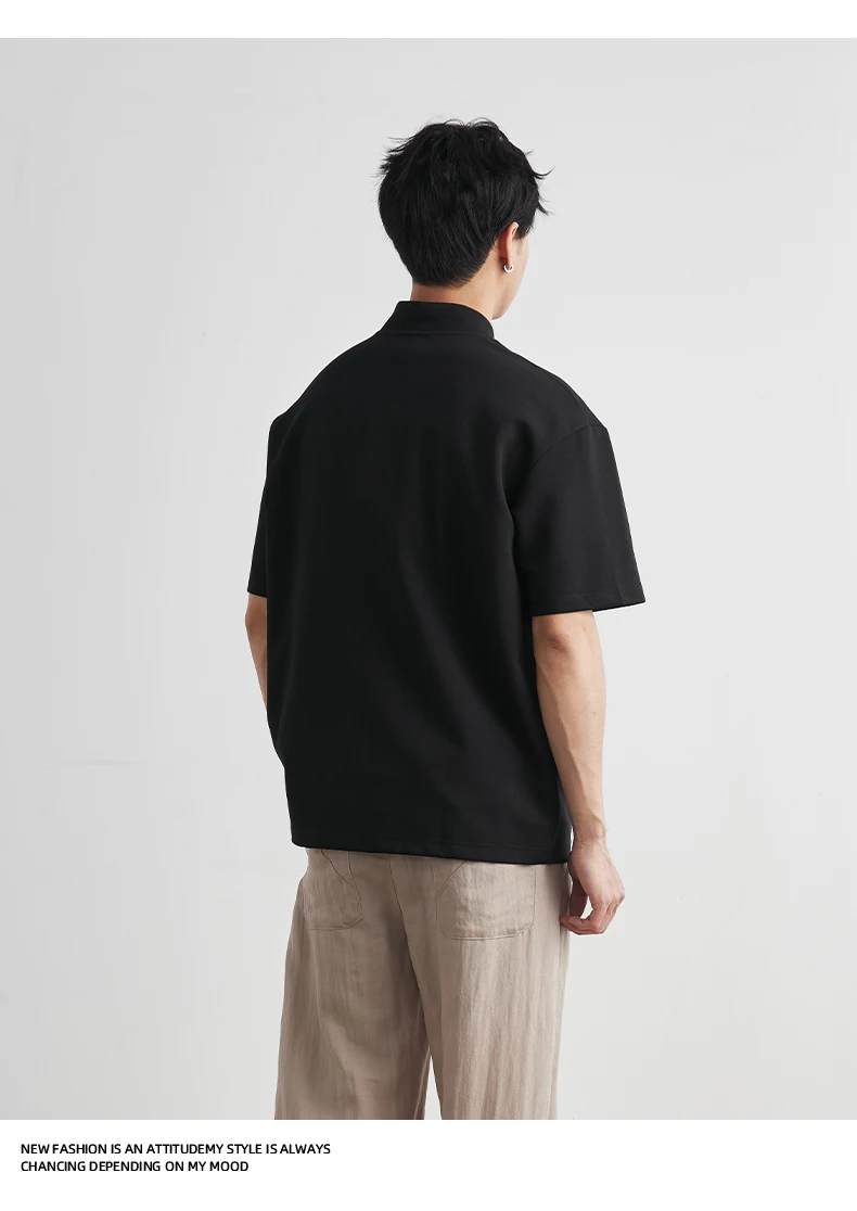 Men's Heavyweight 240g New Chinese Stand Collar Button Short Sleeve T-shirt Summer Loose Drop Shoulder Minimal Casual Top