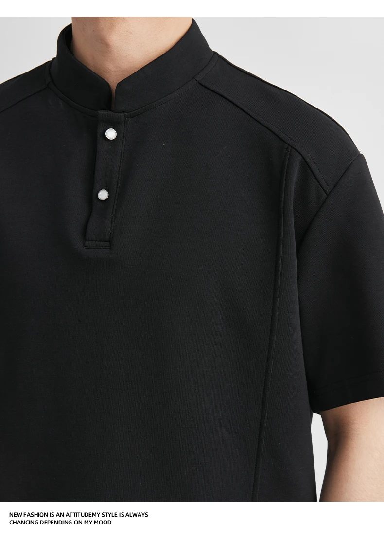 Men's Heavyweight 240g New Chinese Stand Collar Button Short Sleeve T-shirt Summer Loose Drop Shoulder Minimal Casual Top