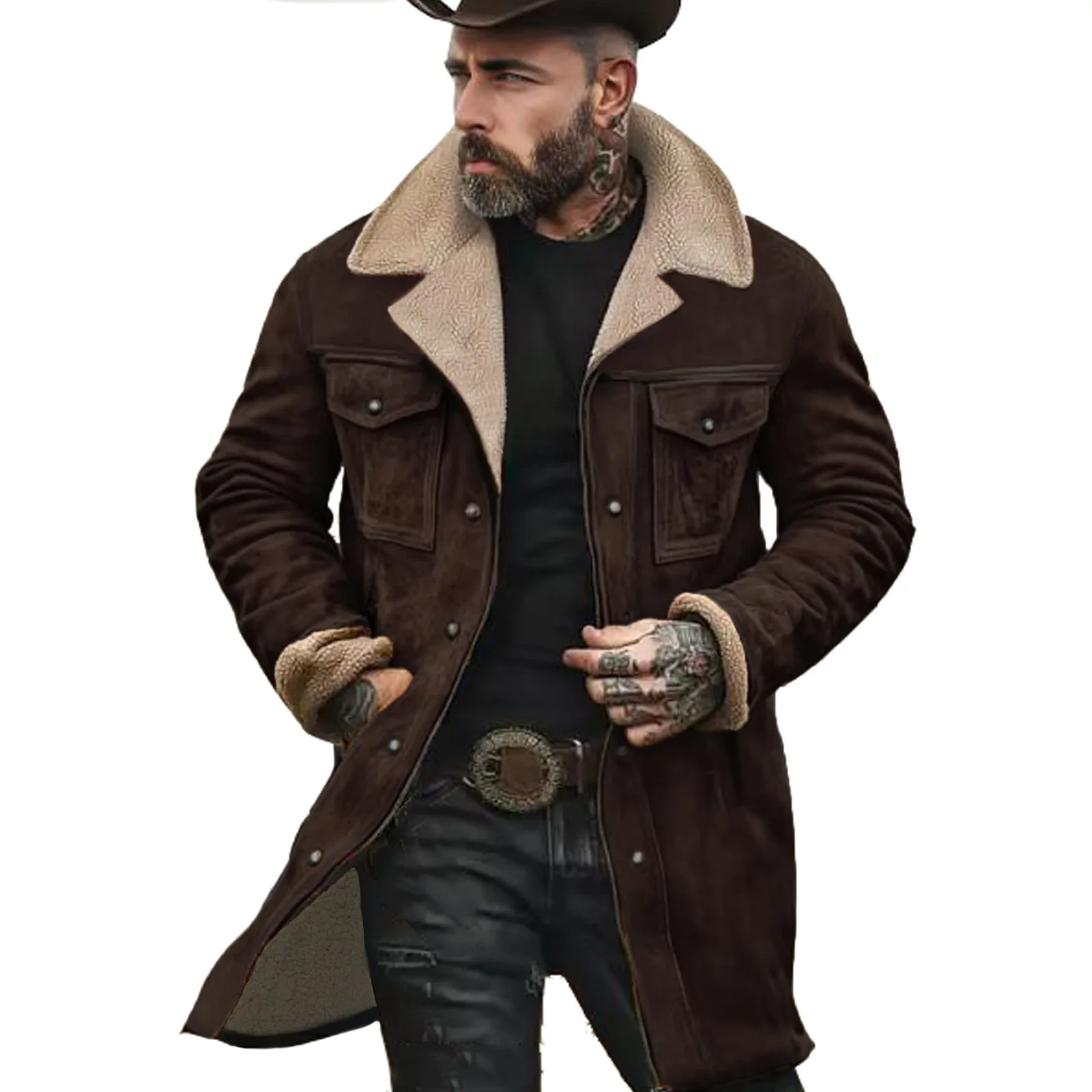 2025 autumn and winter men's coat suede color matching jacket multi-pocket zipper coat streetwear denim jacket men
