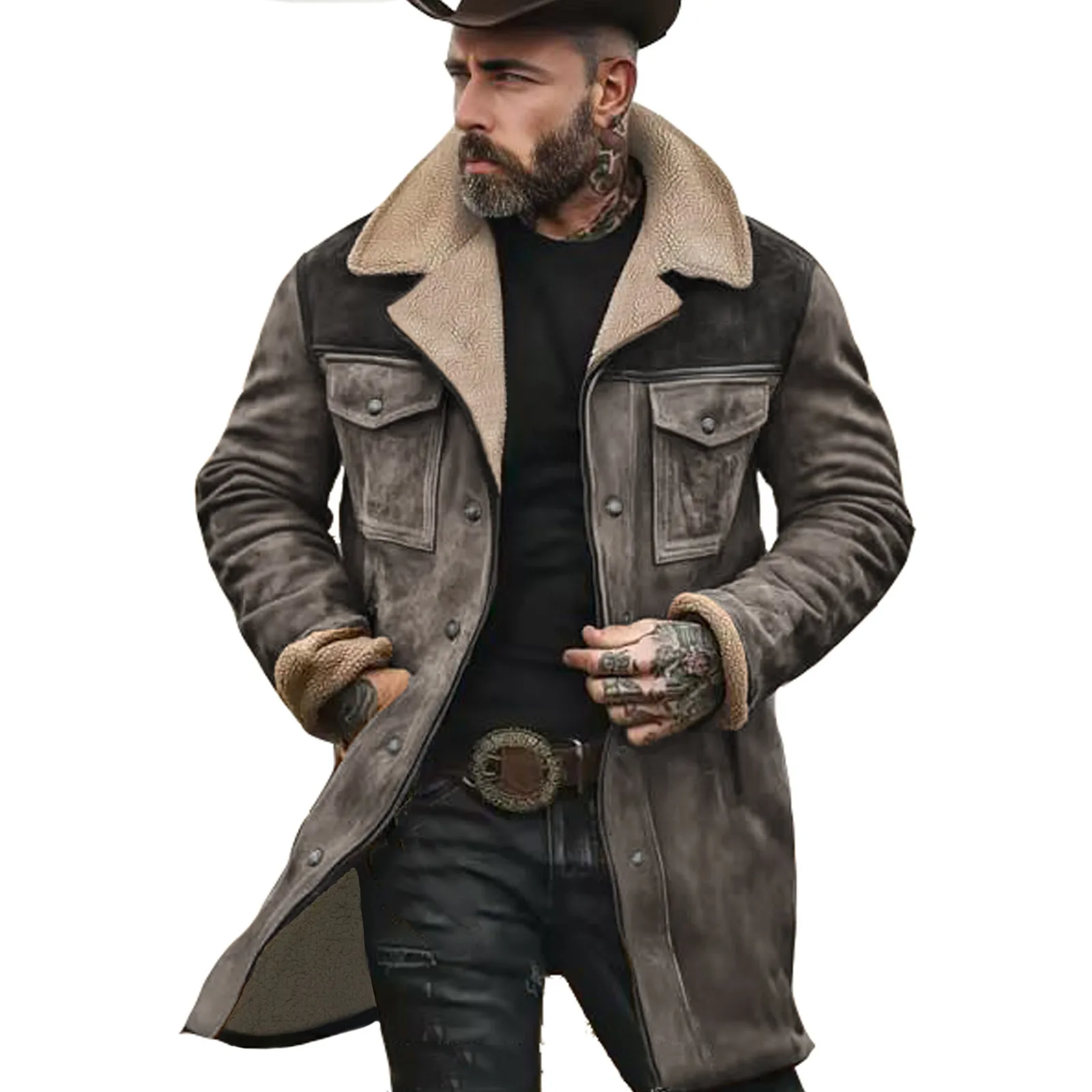 2025 autumn and winter men's coat suede color matching jacket multi-pocket zipper coat streetwear denim jacket men