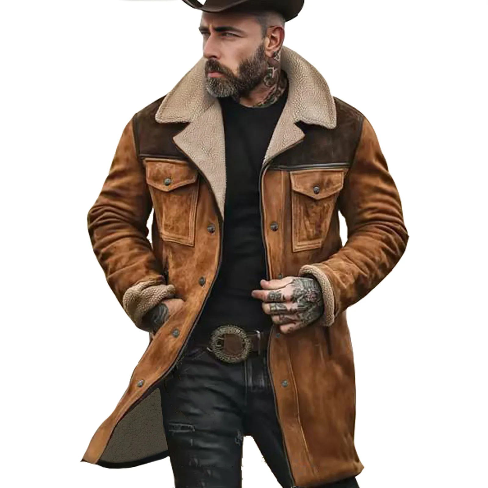 2025 autumn and winter men's coat suede color matching jacket multi-pocket zipper coat streetwear denim jacket men