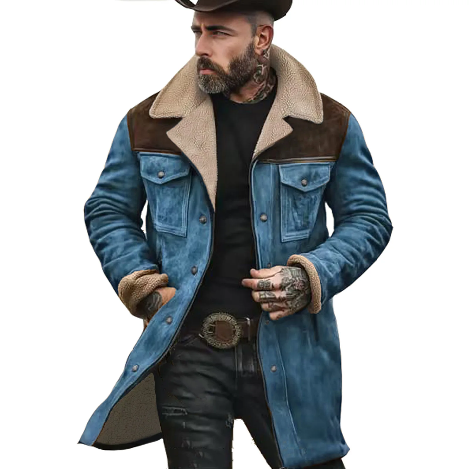 2025 autumn and winter men's coat suede color matching jacket multi-pocket zipper coat streetwear denim jacket men