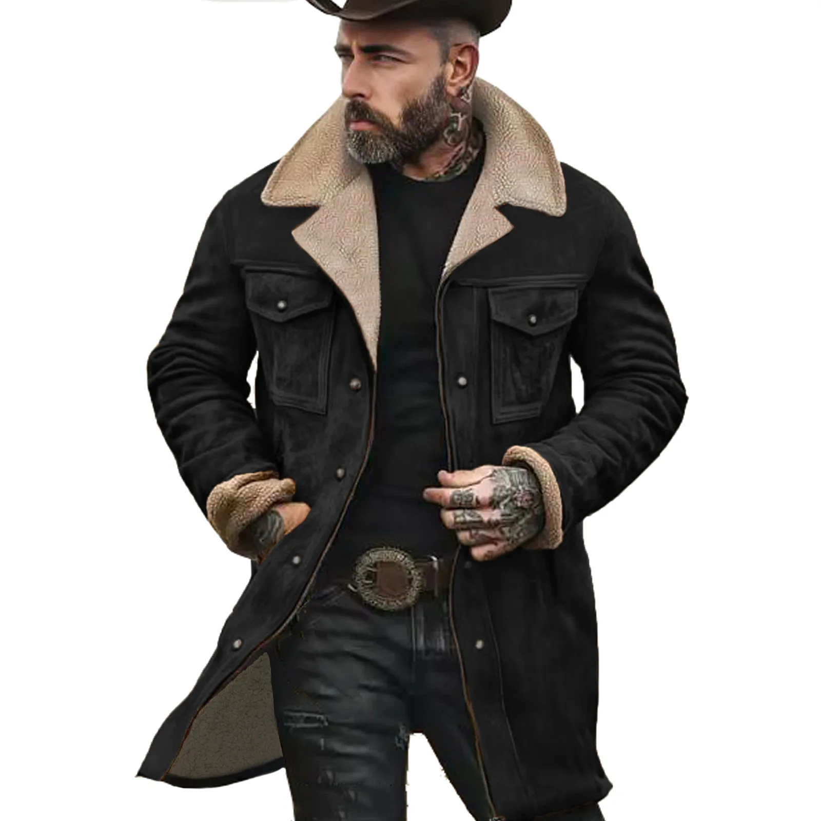2025 autumn and winter men's coat suede color matching jacket multi-pocket zipper coat streetwear denim jacket men