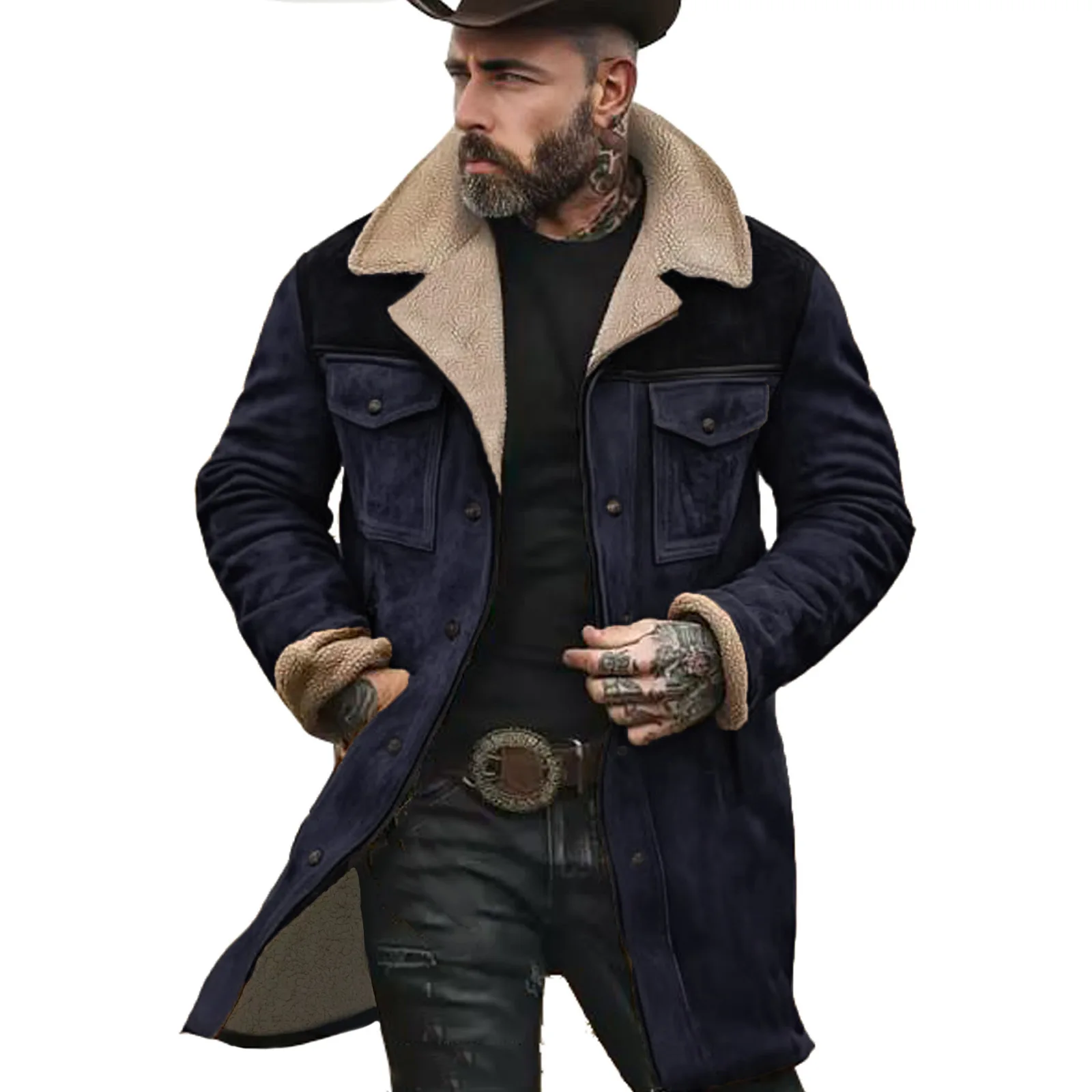 2025 autumn and winter men's coat suede color matching jacket multi-pocket zipper coat streetwear denim jacket men