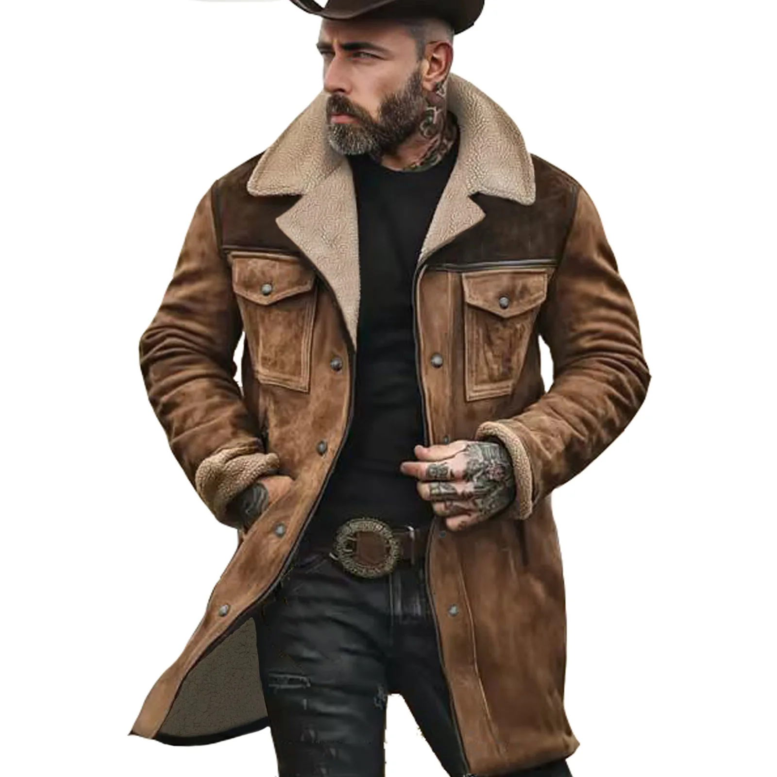 2025 autumn and winter men's coat suede color matching jacket multi-pocket zipper coat streetwear denim jacket men