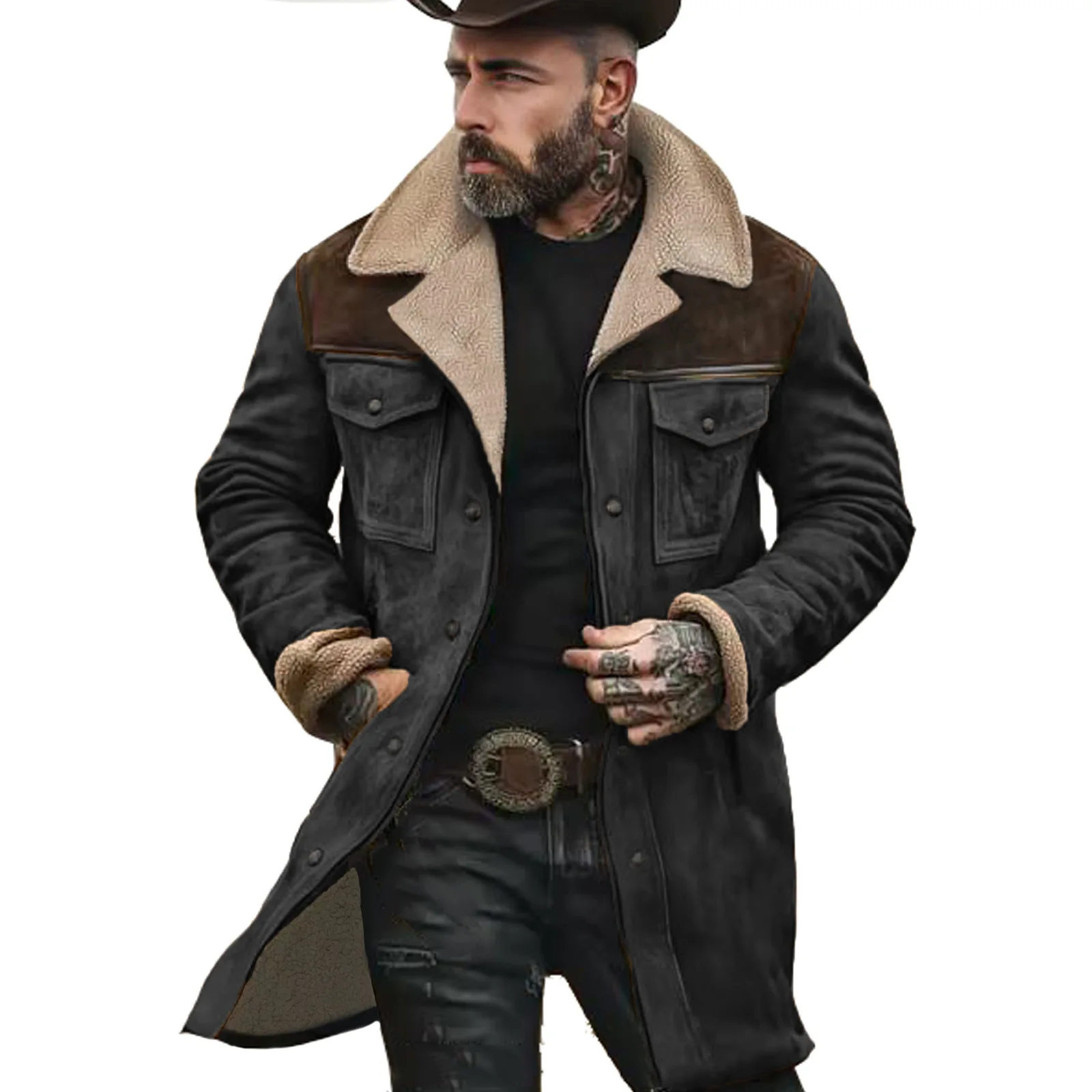 2025 autumn and winter men's coat suede color matching jacket multi-pocket zipper coat streetwear denim jacket men