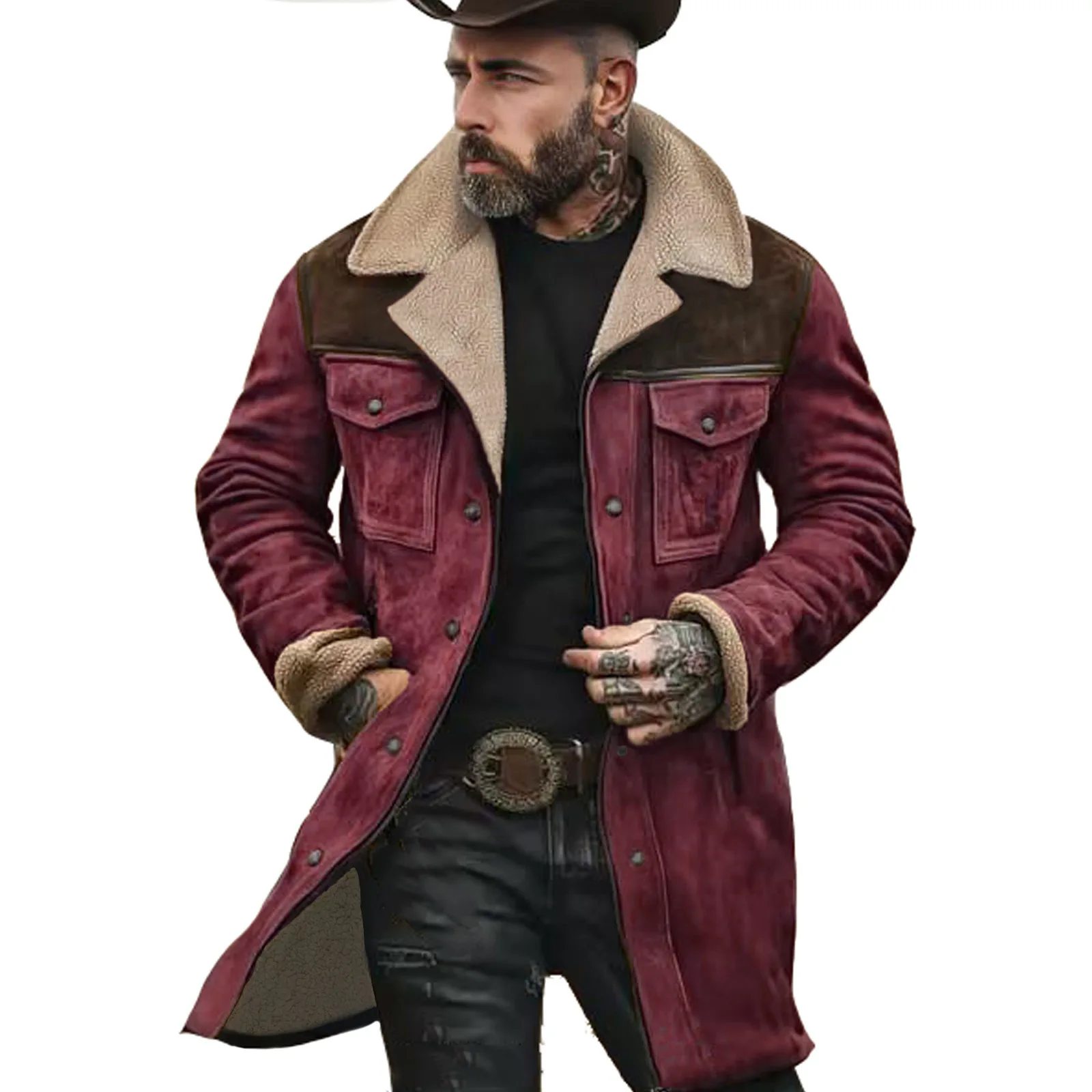 2025 autumn and winter men's coat suede color matching jacket multi-pocket zipper coat streetwear denim jacket men