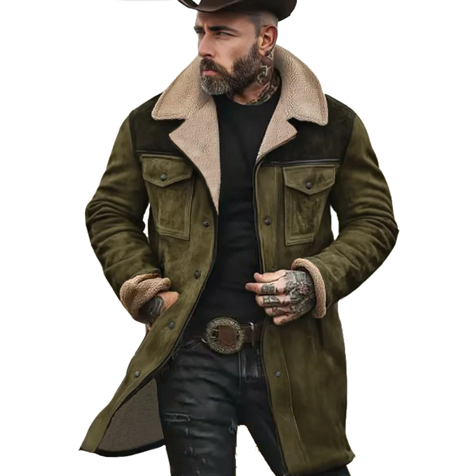 2025 autumn and winter men's coat suede color matching jacket multi-pocket zipper coat streetwear denim jacket men