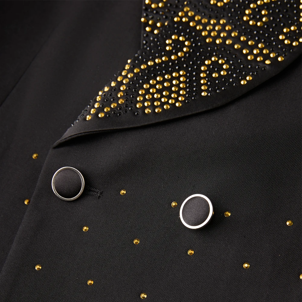Men Black Double Breasted Tuxedo Suit 2 Pieces Silver Embroidery Rhinestone Shawl Lapel Slim Fit Jacket Pants Set Wedding Groom Blazer For Party Prom