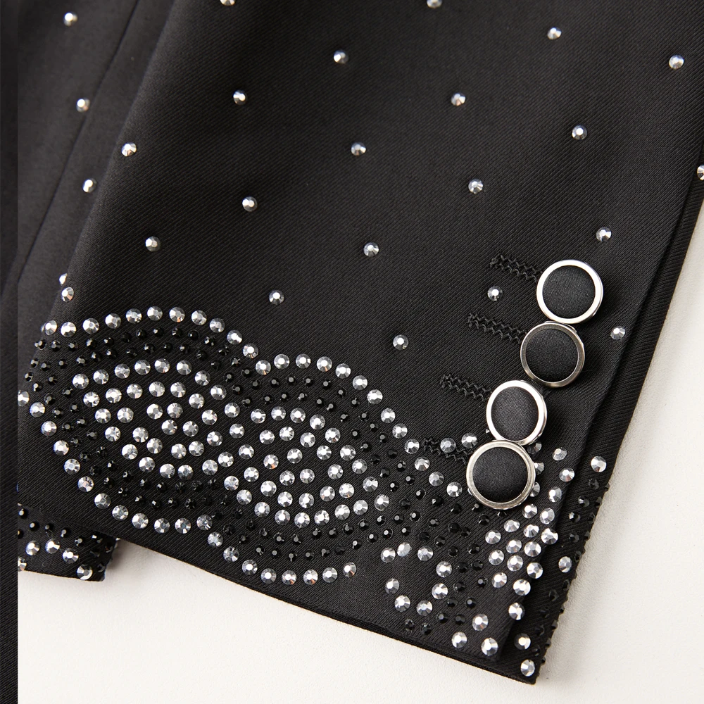 Men Black Double Breasted Tuxedo Suit 2 Pieces Silver Embroidery Rhinestone Shawl Lapel Slim Fit Jacket Pants Set Wedding Groom Blazer For Party Prom