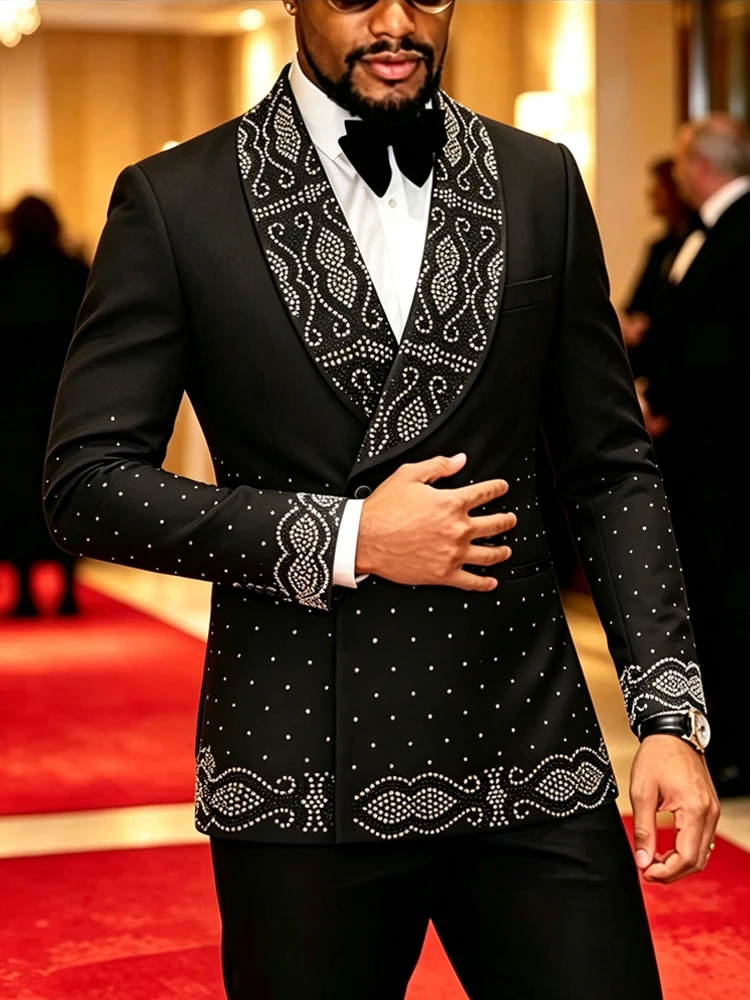 Men Black Double Breasted Tuxedo Suit 2 Pieces Silver Embroidery Rhinestone Shawl Lapel Slim Fit Jacket Pants Set Wedding Groom Blazer For Party Prom