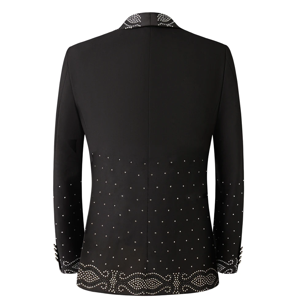 Men Black Double Breasted Tuxedo Suit 2 Pieces Silver Embroidery Rhinestone Shawl Lapel Slim Fit Jacket Pants Set Wedding Groom Blazer For Party Prom