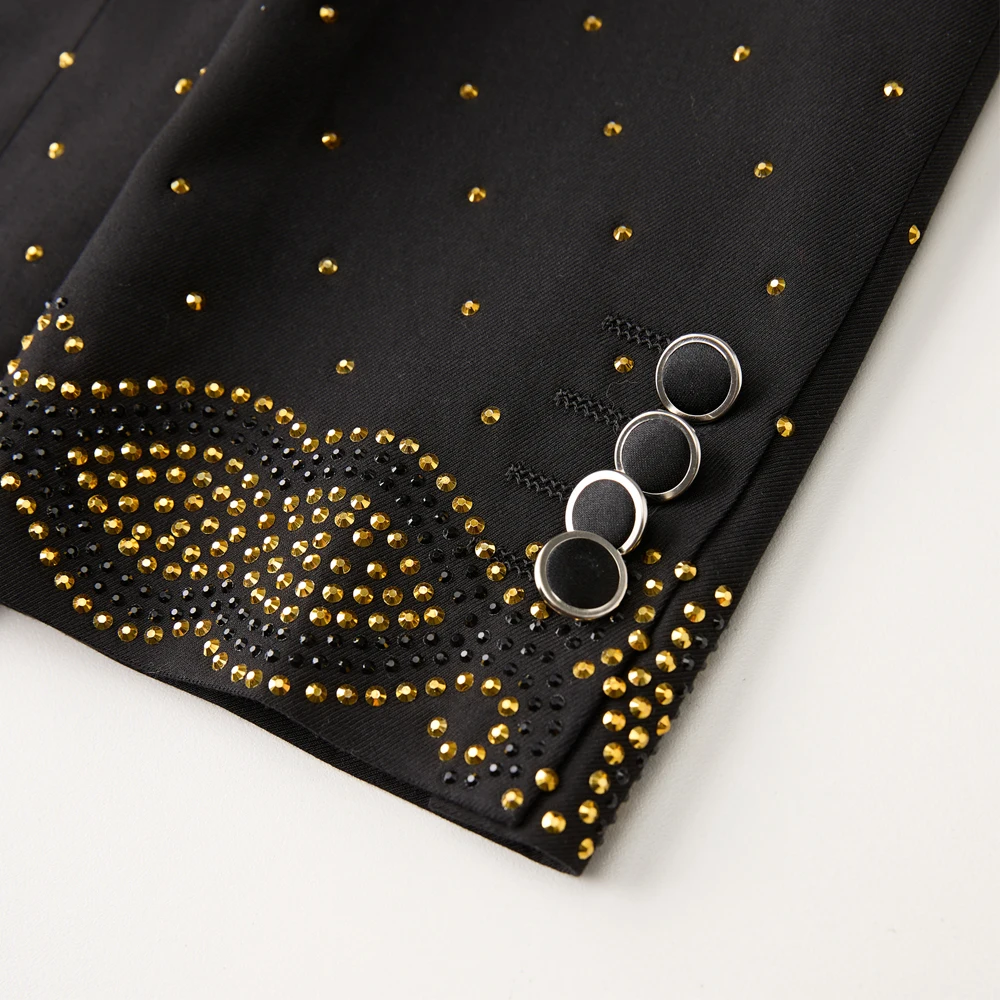 Men Black Double Breasted Tuxedo Suit 2 Pieces Silver Embroidery Rhinestone Shawl Lapel Slim Fit Jacket Pants Set Wedding Groom Blazer For Party Prom