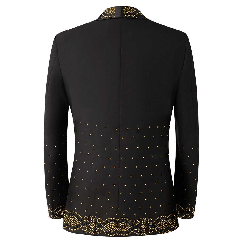 Men Black Double Breasted Tuxedo Suit 2 Pieces Silver Embroidery Rhinestone Shawl Lapel Slim Fit Jacket Pants Set Wedding Groom Blazer For Party Prom