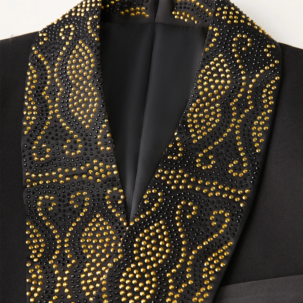 Men Black Double Breasted Tuxedo Suit 2 Pieces Silver Embroidery Rhinestone Shawl Lapel Slim Fit Jacket Pants Set Wedding Groom Blazer For Party Prom