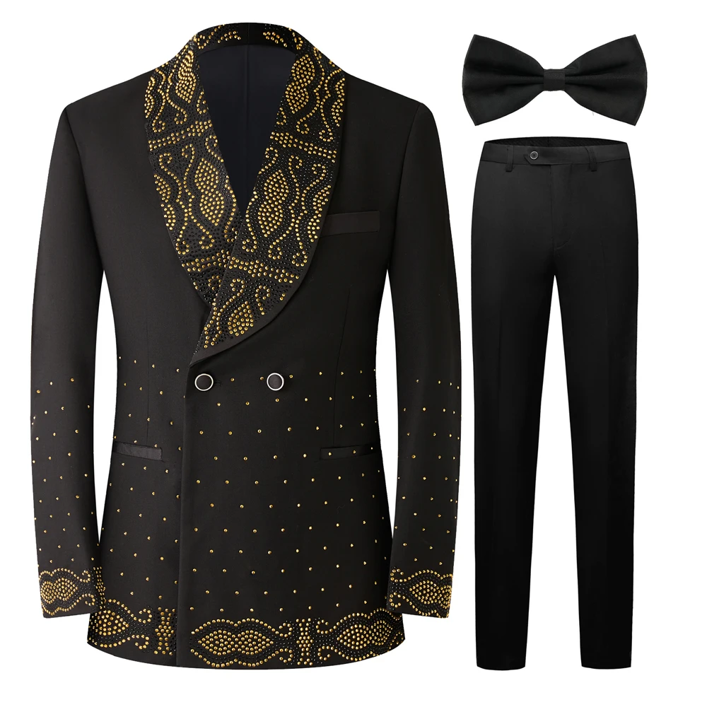 Men Black Double Breasted Tuxedo Suit 2 Pieces Silver Embroidery Rhinestone Shawl Lapel Slim Fit Jacket Pants Set Wedding Groom Blazer For Party Prom