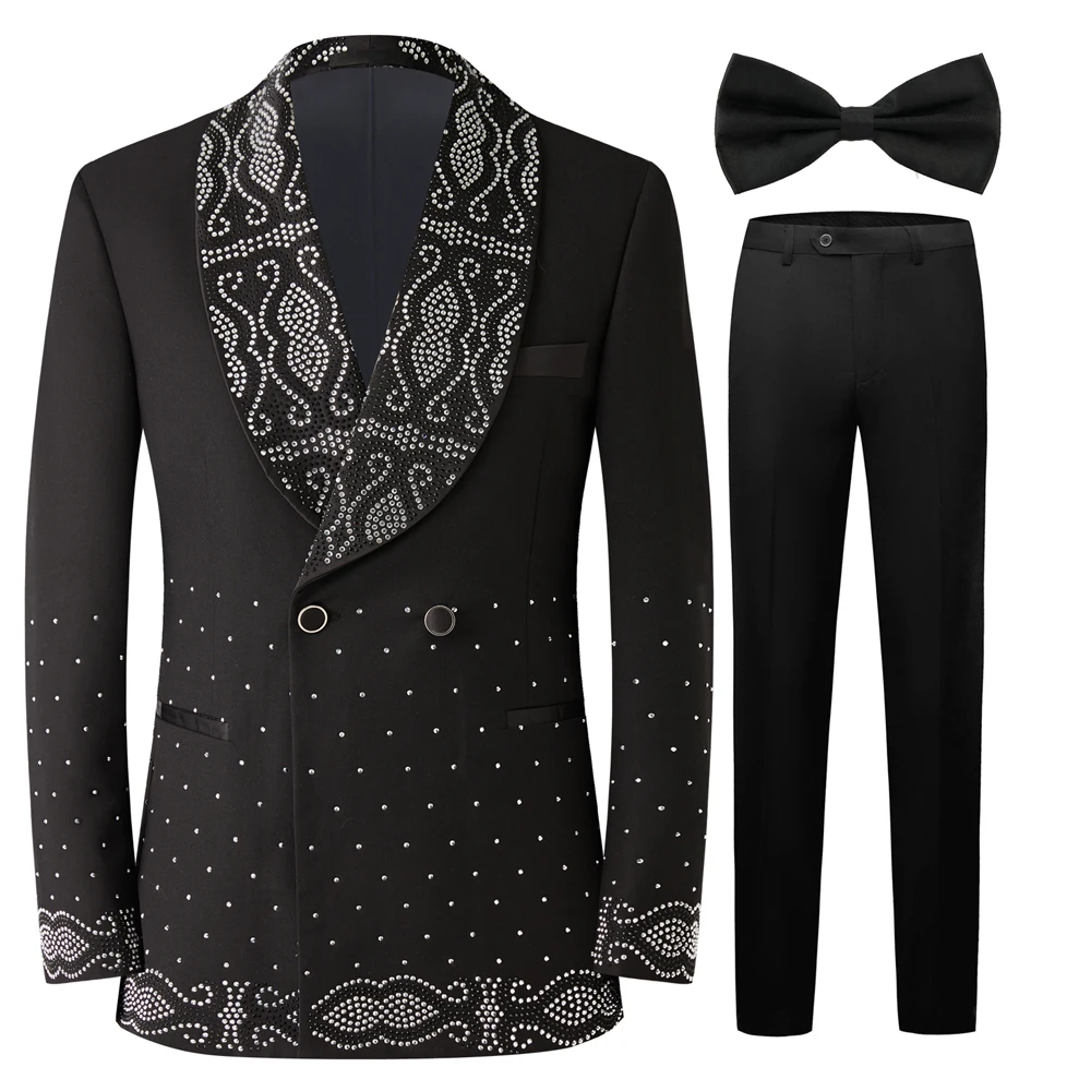 Men Black Double Breasted Tuxedo Suit 2 Pieces Silver Embroidery Rhinestone Shawl Lapel Slim Fit Jacket Pants Set Wedding Groom Blazer For Party Prom