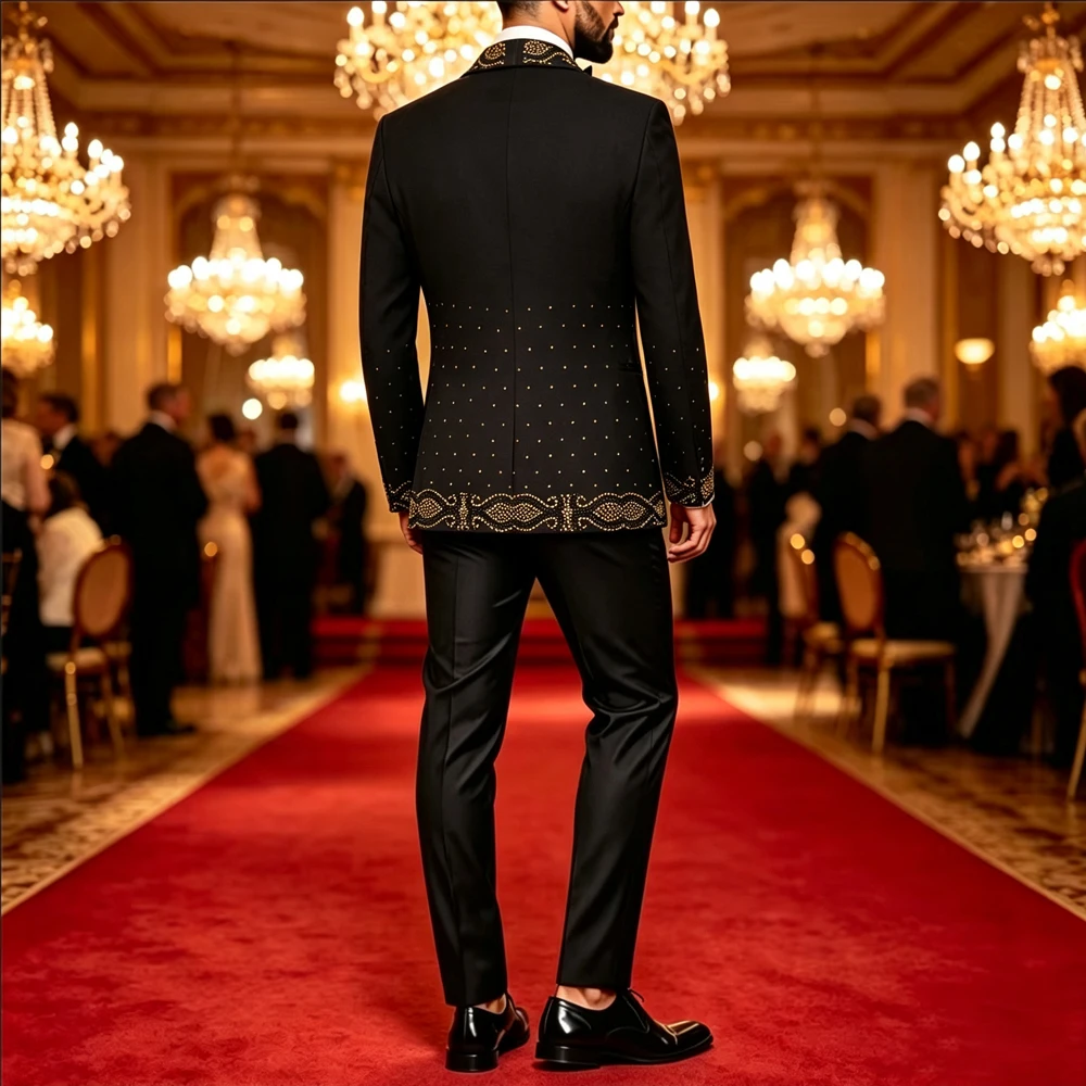 Men Black Double Breasted Tuxedo Suit 2 Pieces Silver Embroidery Rhinestone Shawl Lapel Slim Fit Jacket Pants Set Wedding Groom Blazer For Party Prom