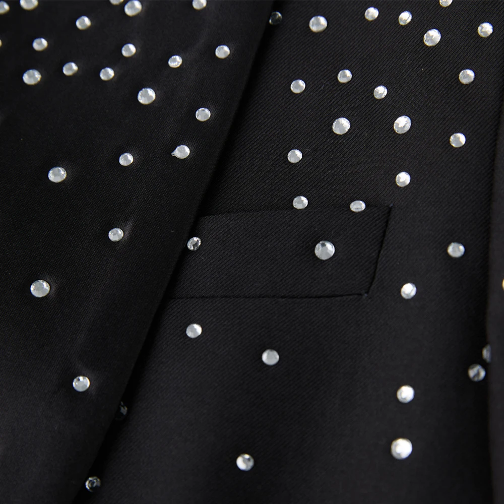 Men Black Double Breasted Tuxedo Suit 2 Pieces Silver Embroidery Rhinestone Shawl Lapel Slim Fit Jacket Pants Set Wedding Groom Blazer For Party Prom