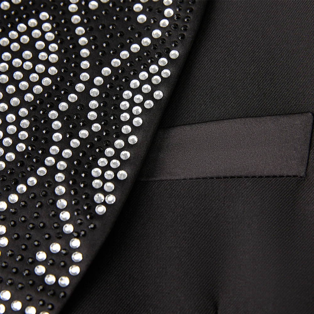 Men Black Double Breasted Tuxedo Suit 2 Pieces Silver Embroidery Rhinestone Shawl Lapel Slim Fit Jacket Pants Set Wedding Groom Blazer For Party Prom
