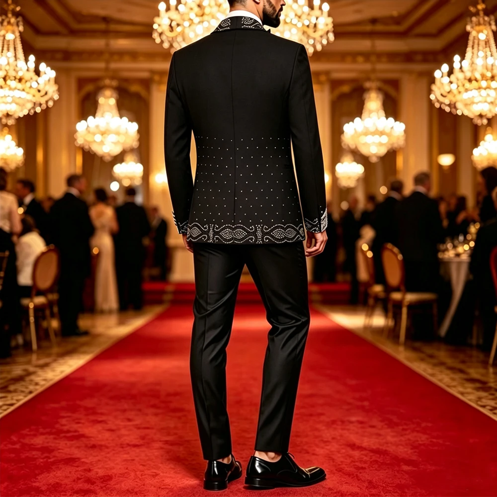Men Black Double Breasted Tuxedo Suit 2 Pieces Silver Embroidery Rhinestone Shawl Lapel Slim Fit Jacket Pants Set Wedding Groom Blazer For Party Prom