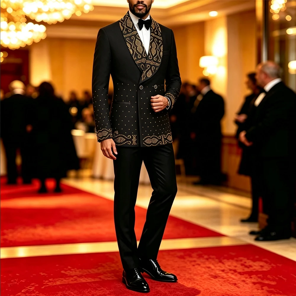 Men Black Double Breasted Tuxedo Suit 2 Pieces Silver Embroidery Rhinestone Shawl Lapel Slim Fit Jacket Pants Set Wedding Groom Blazer For Party Prom