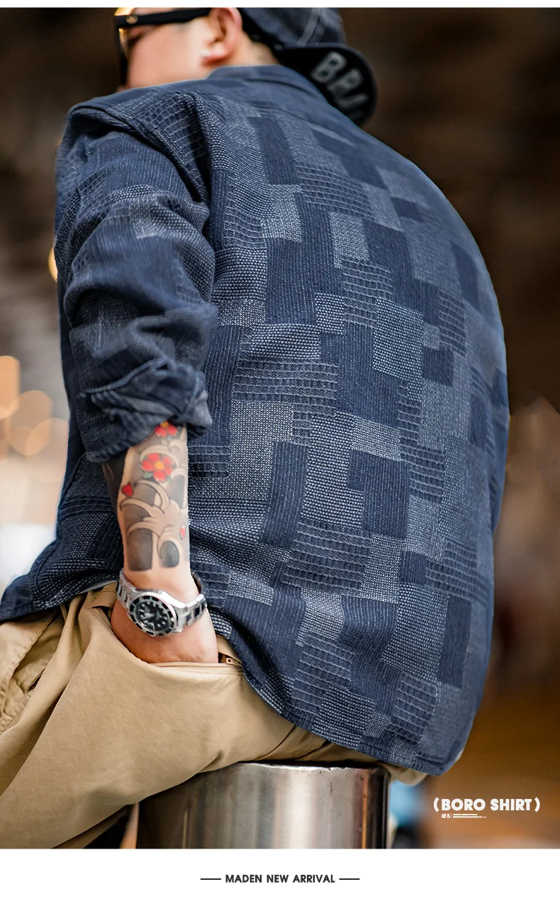 Maden Boro Style Vintage Blue Cloth Shirts for Men Plaid Patchwork Long Sleeve Shirts Regular Fit jacket Top Daily Casual Wear