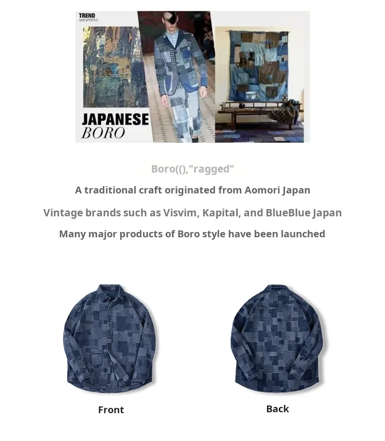 Maden Boro Style Vintage Blue Cloth Shirts for Men Plaid Patchwork Long Sleeve Shirts Regular Fit jacket Top Daily Casual Wear