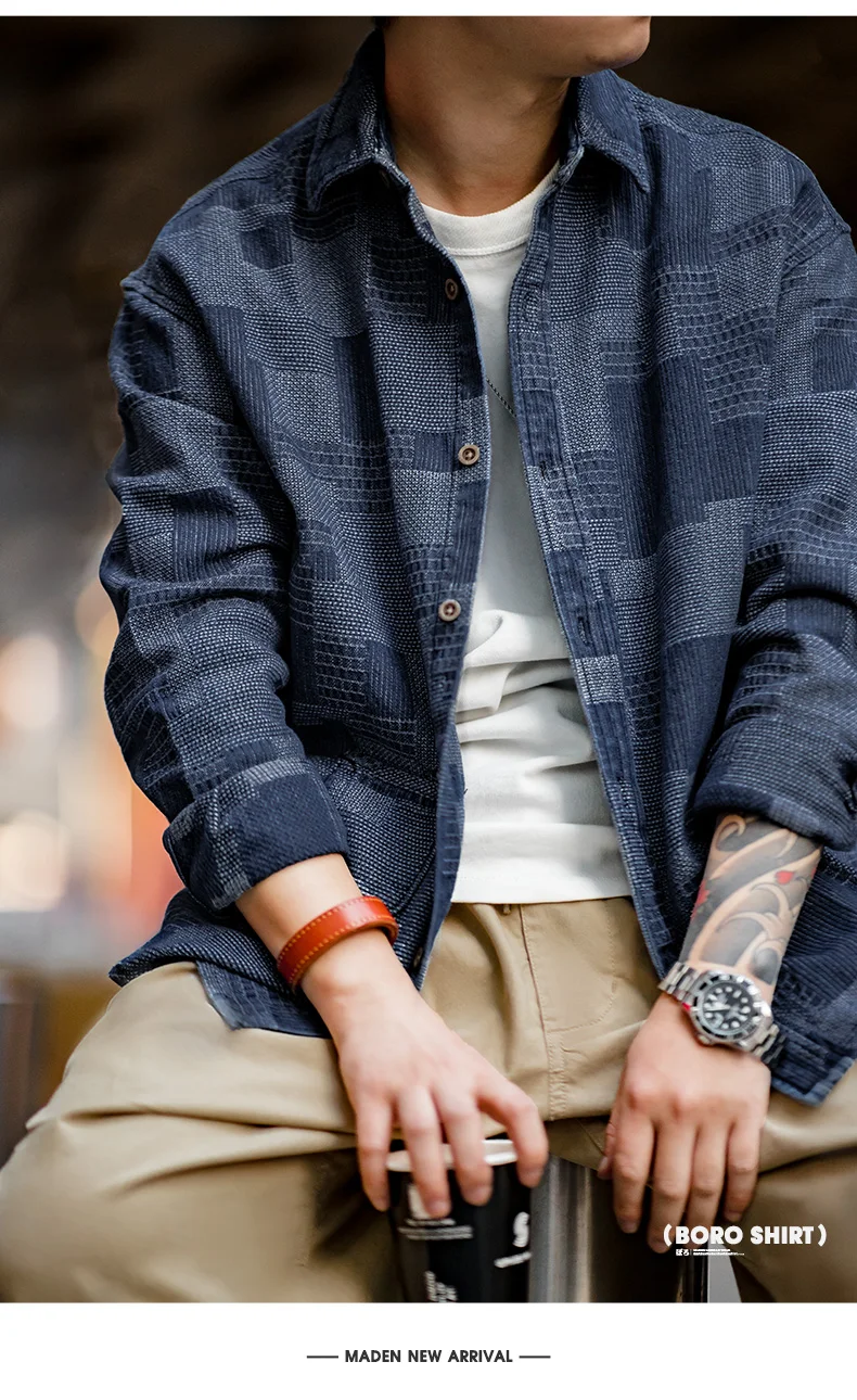 Maden Boro Style Vintage Blue Cloth Shirts for Men Plaid Patchwork Long Sleeve Shirts Regular Fit jacket Top Daily Casual Wear