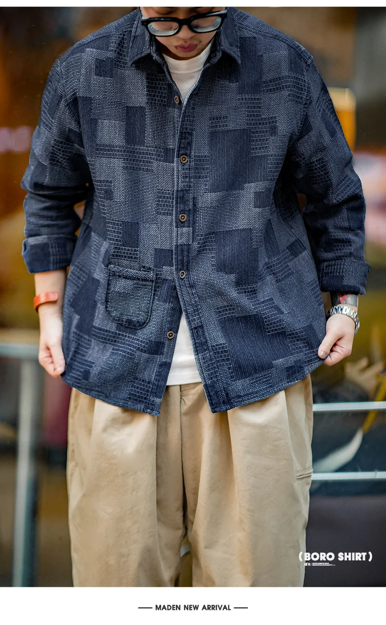Maden Boro Style Vintage Blue Cloth Shirts for Men Plaid Patchwork Long Sleeve Shirts Regular Fit jacket Top Daily Casual Wear