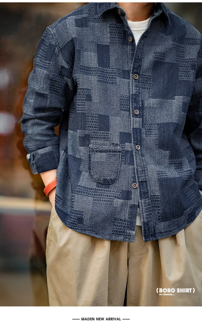Maden Boro Style Vintage Blue Cloth Shirts for Men Plaid Patchwork Long Sleeve Shirts Regular Fit jacket Top Daily Casual Wear