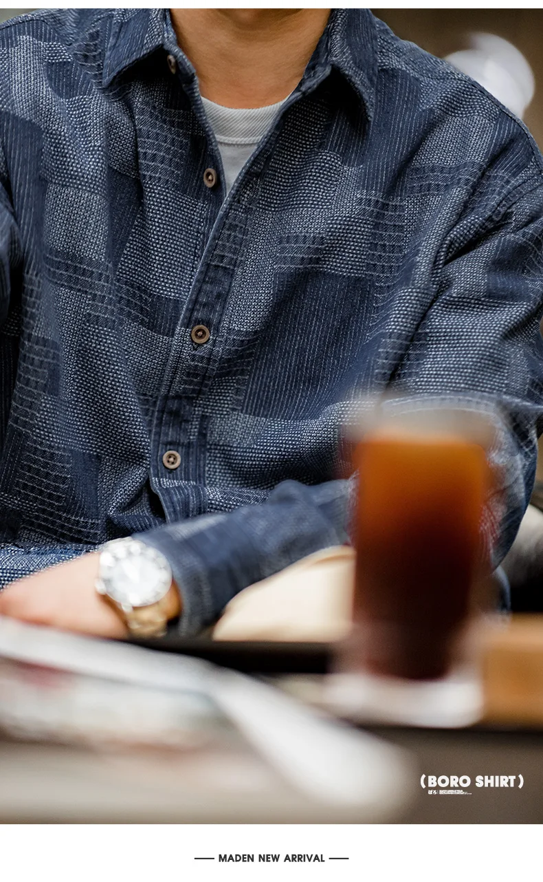 Maden Boro Style Vintage Blue Cloth Shirts for Men Plaid Patchwork Long Sleeve Shirts Regular Fit jacket Top Daily Casual Wear