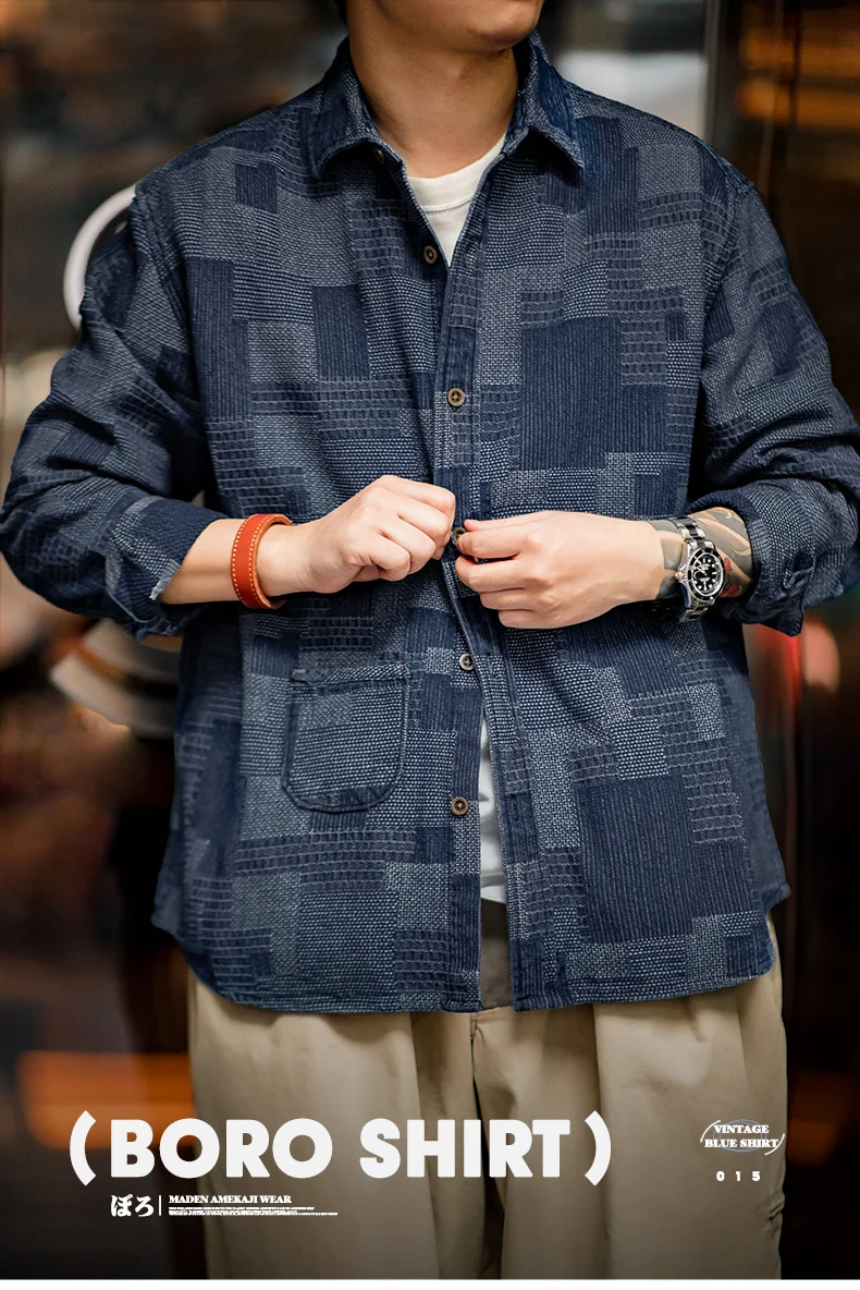 Maden Boro Style Vintage Blue Cloth Shirts for Men Plaid Patchwork Long Sleeve Shirts Regular Fit jacket Top Daily Casual Wear