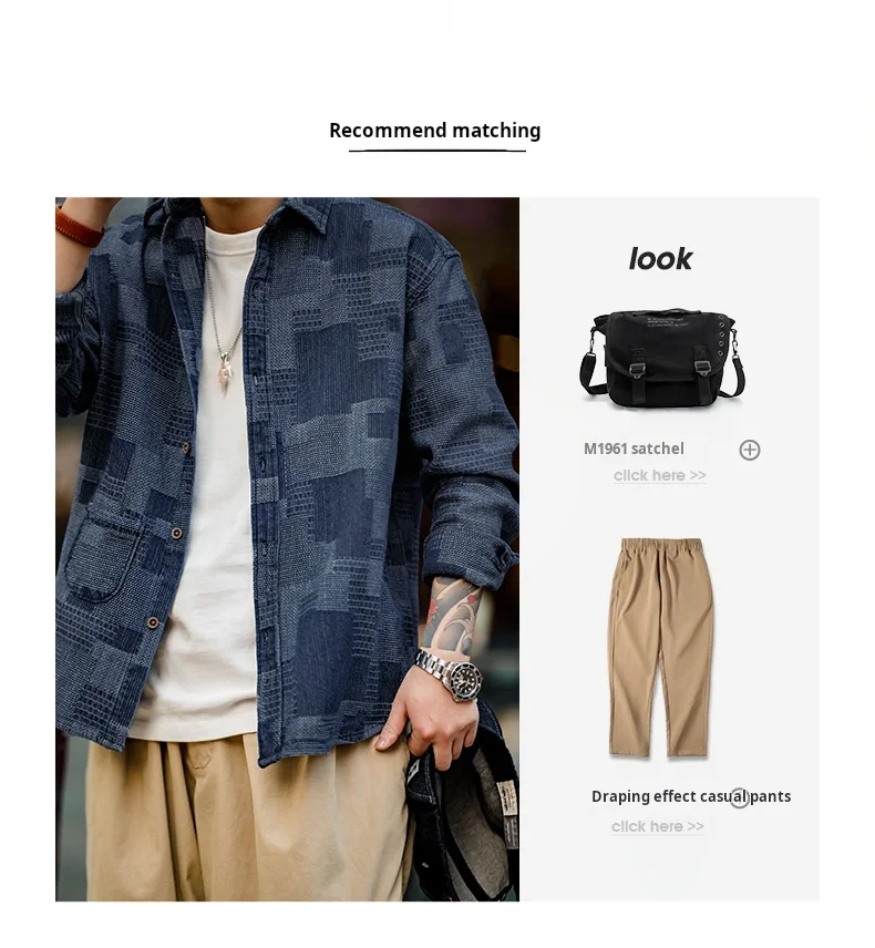 Maden Boro Style Vintage Blue Cloth Shirts for Men Plaid Patchwork Long Sleeve Shirts Regular Fit jacket Top Daily Casual Wear