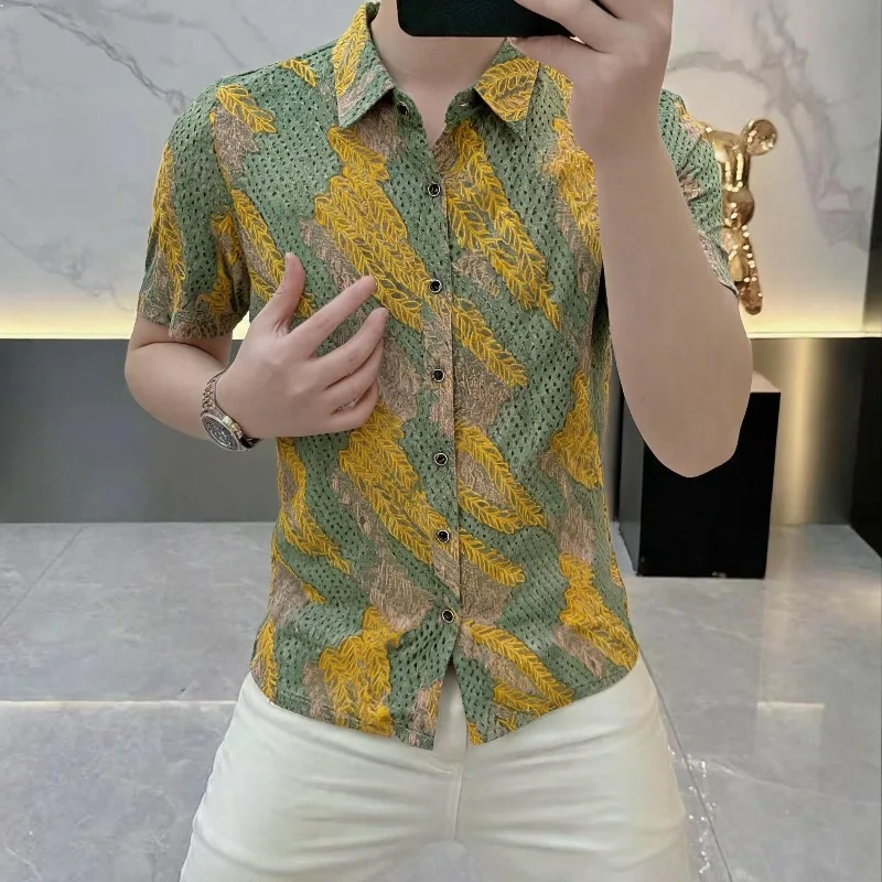 2026 Summer Retro Printed Shirt Men's Short Sleeved T-shirt Elastic Ice Silk Slim Breathable Casual Business Shirt Men Clothing