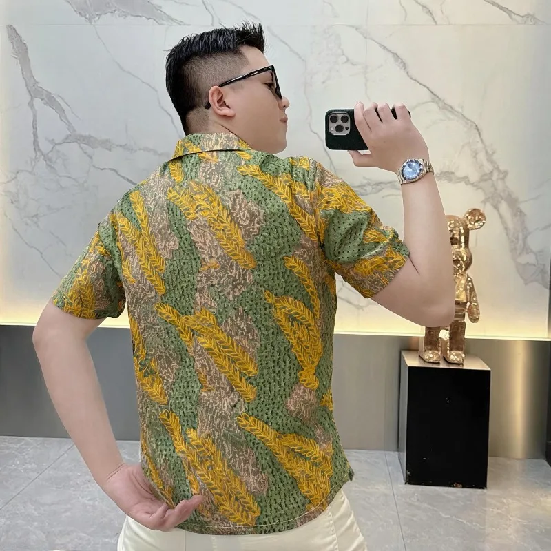 2026 Summer Retro Printed Shirt Men's Short Sleeved T-shirt Elastic Ice Silk Slim Breathable Casual Business Shirt Men Clothing